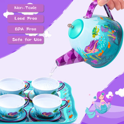 Joyfy Kid Tea Set Mermaid Tea Party Set Princess Pretend Play Tin Teapot Set Kitchen Toy for Girls Toddlers 2 3 4 5 6 Years Old - Smarsty
