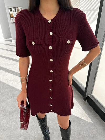 Trendix Elegant Knit Mini Dress Women Street Slim High Waist Short Sleeve Rib Sweater Dresses Vacation Bodycon Knitwear Dress - Smarsty