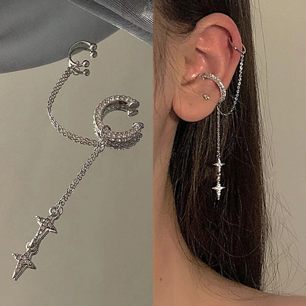 Shiny Silver Crystal Tassel Non-Piercing Ear Clip Earrings - Smarsty