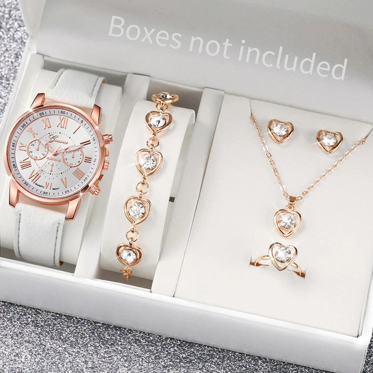 5/6PCS Fashion Women's Quartz Watch Leather Band Analog Wrist Watches Heart Rhinestone Jewelry Set(Without Box) - Smarsty
