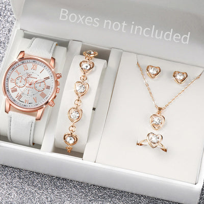 5/6PCS Fashion Women's Quartz Watch Leather Band Analog Wrist Watches Heart Rhinestone Jewelry Set(Without Box) - Smarsty