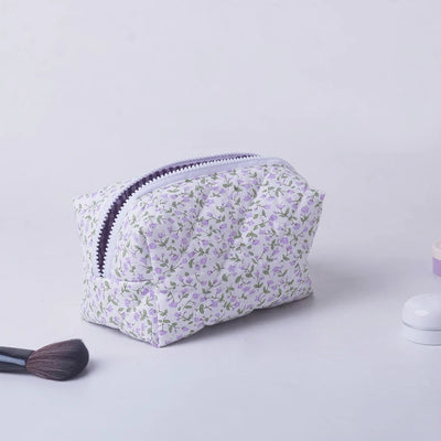 Storage Organizer Floral Puffy Quilted Makeup Bag Flower Printed Cosmetic Pouch Large Travel Cosmetic Bag Makeup Accessory - Smarsty