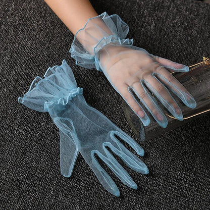 Women Lace Tulle Gloves Stretchy Full Finger Wedding Gloves - Smarsty