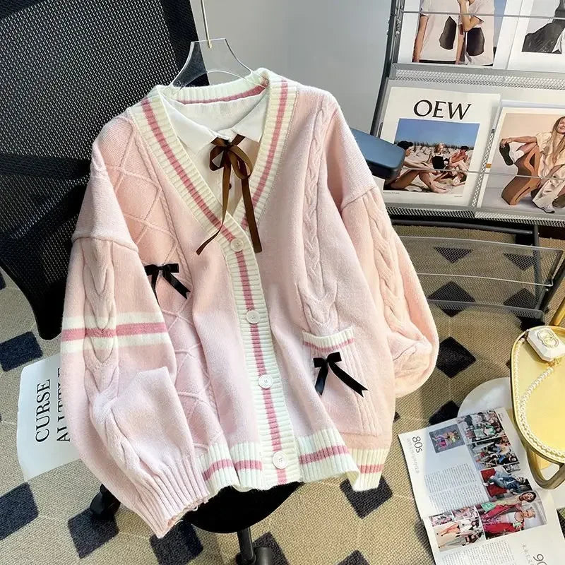 Deeptown Sweet Coquette Sweaters Cardigan Women Kawaii Bow Knitted Cardigan Japanese Preppy Style Lolita Knitwears JK Jumpers - Smarsty