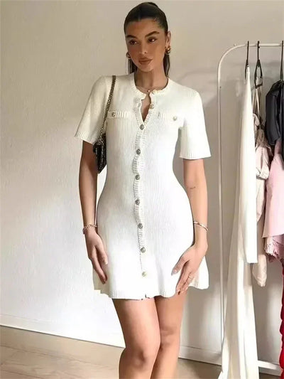 Trendix Elegant Knit Mini Dress Women Street Slim High Waist Short Sleeve Rib Sweater Dresses Vacation Bodycon Knitwear Dress - Smarsty