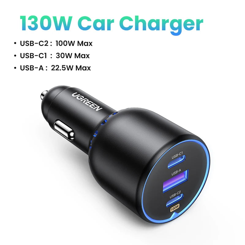UGREEN 130W USB C Car Charger For Xiaomi iPhone 17 Samsung Galaxy S24 Laptops Tabet PD3.0 Fast Charging USB Type C Car Charger