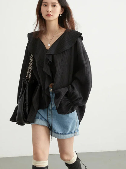 CHIC VEN Women Shirt Loose Casual Ruffled Edges Female Blouses V Neck Lace Up Mid Length Woman Shirts Spring Summer 2024 - Smarsty