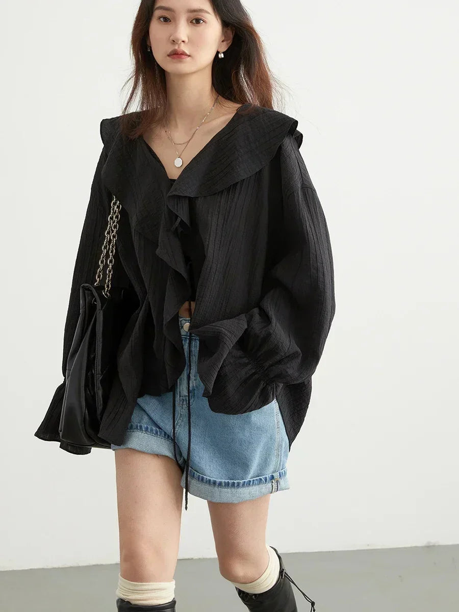 CHIC VEN Women Shirt Loose Casual Ruffled Edges Female Blouses V Neck Lace Up Mid Length Woman Shirts Spring Summer 2024 - Smarsty