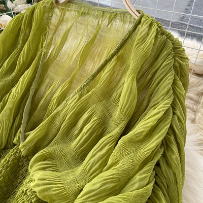 Women Sexy Chiffon Short Blouse Female See Through Super Long Sleeve Blusas Purple/Green/Black/White Folds Party Tops 2022 New - Smarsty