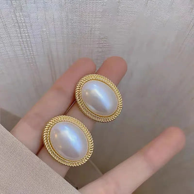 Retro Imitation Pearl Zircon Earrings Oval Square Hollow - Smarsty
