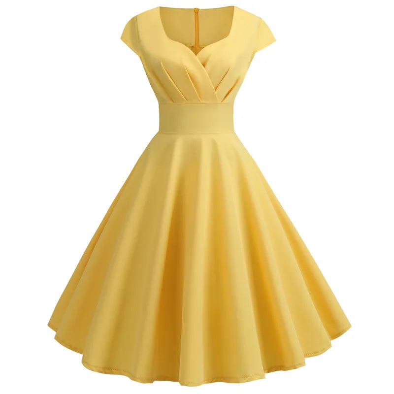 Pink Summer Dress Women V Neck Vintage Robe Elegant Retro pin up Party Office Midi Dresses - Smarsty