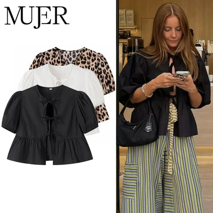 MUJER Ruffle Blouses Woman Puff Sleeve Shirts and Blouses for Women White Black Ruched Crop Top Female Ruched Women's Blouse - Smarsty