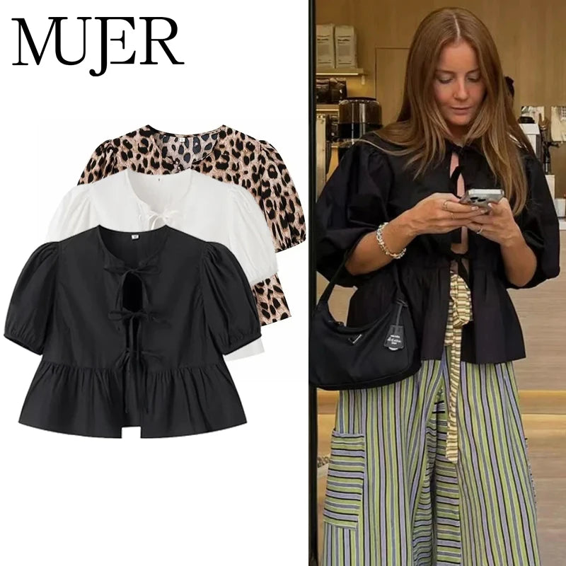 MUJER Ruffle Blouses Woman Puff Sleeve Shirts and Blouses for Women White Black Ruched Crop Top Female Ruched Women's Blouse - Smarsty
