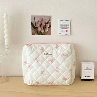 Cute Bow Flower Quilted Cotton Makeup Bag With Zipper - Smarsty