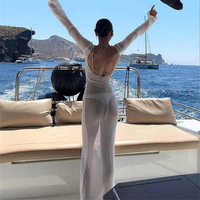 Fashion Women Wrapped Dress Long Sleeve Round Neck See Through Sunscreen Solid Color Backless Beach Long Dress Summer Cover Up - Smarsty