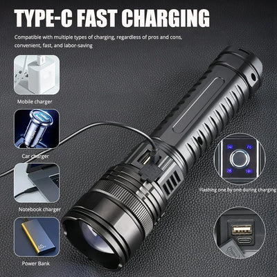 Ultra Bright LED Flashlight Powerful Tactical Torch 15000mah Built-in Battery Emergency Camping Spotlights With Tail Light by Smarsty