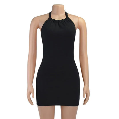 Women Sleeveless Backless Mini Skirt Dress 2023 Y2K Summer Bodycon Hang Neck Elegant Sexy Outfits Ladies Party Club Sundress - Smarsty