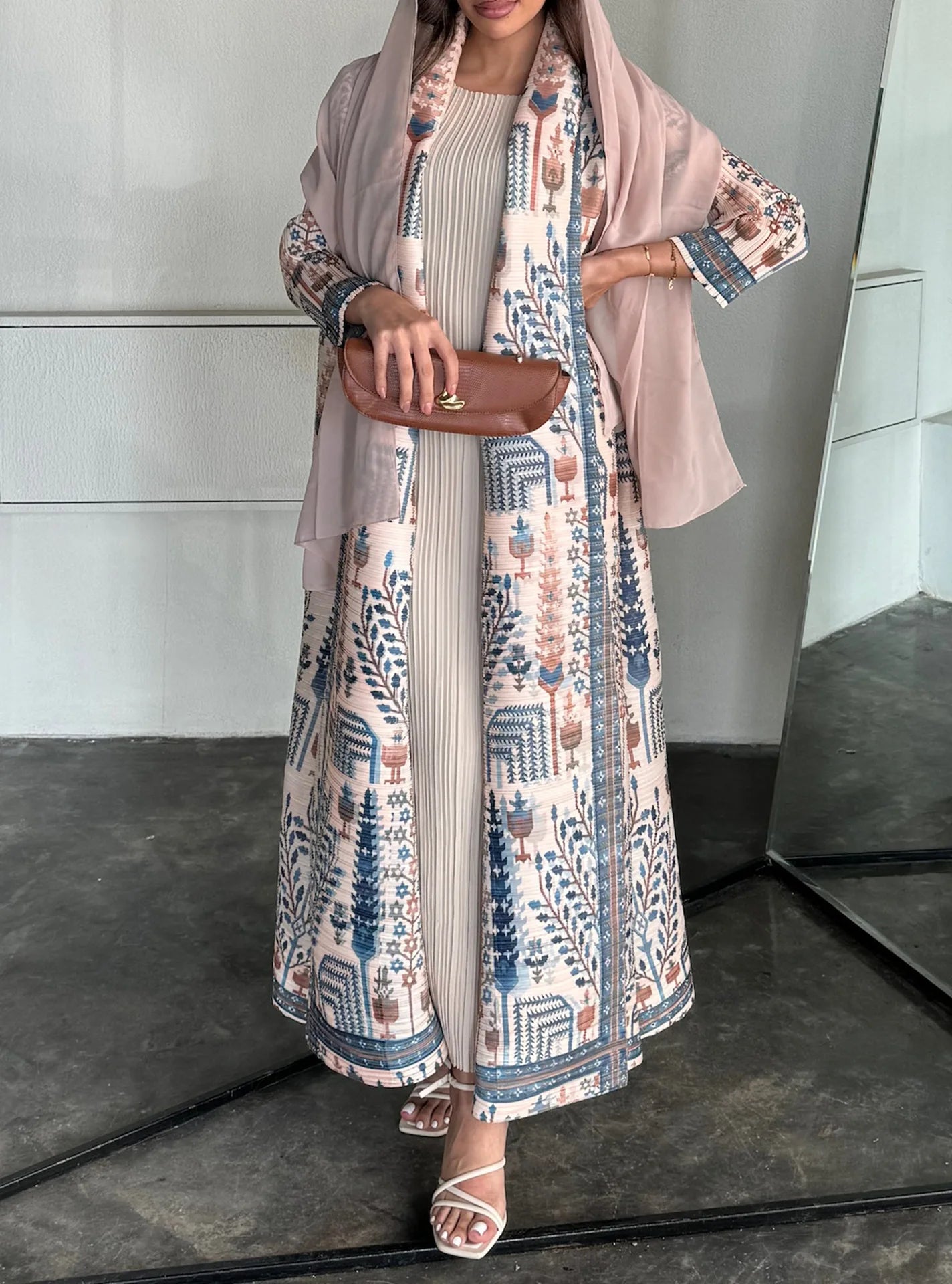 Women's Fold Miyake Pleated Abaya Long Sleeve Print Foldable Collar Robe Cardigan Coat New Winter Fashion Original Design 2024 - Smarsty