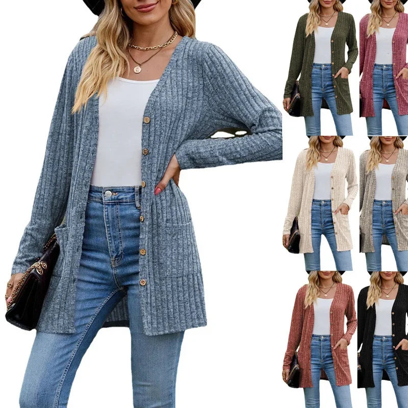 Autumn New Women's Milled Pit Stripe V-Neck Solid Colour Button Long Sleeve Ladies Casual Extensions Cardigan Jacket Coat - Smarsty