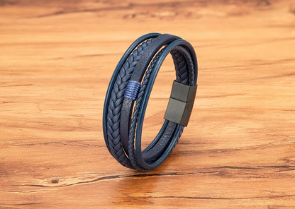 Mens Leather Bracelet Magnetic Buckle Multilayer Bangles - Smarsty