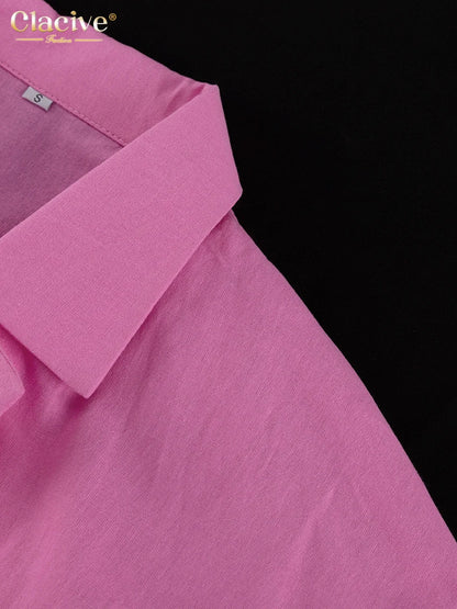 Clacive Casual Loose Pink Cotton Dress Ladies Fashion Lapel Long Sleeve Ankle Length Dress Elegant Lace-Up Dresses For Women - Smarsty