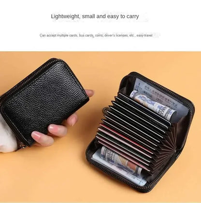 Multi Slot Card Holder Vintage Small Wallet Women Men Business Bank Credit Card Bag Male Coin Pouch Solid Leather Zipper Wallet - Smarsty
