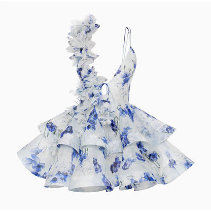 Backless Party Dress Women Elegant 3D Flower Print Sling Lace Up Ruffle A-line Mini Evening Dresses Female 2025 Summer Swimwears - Smarsty