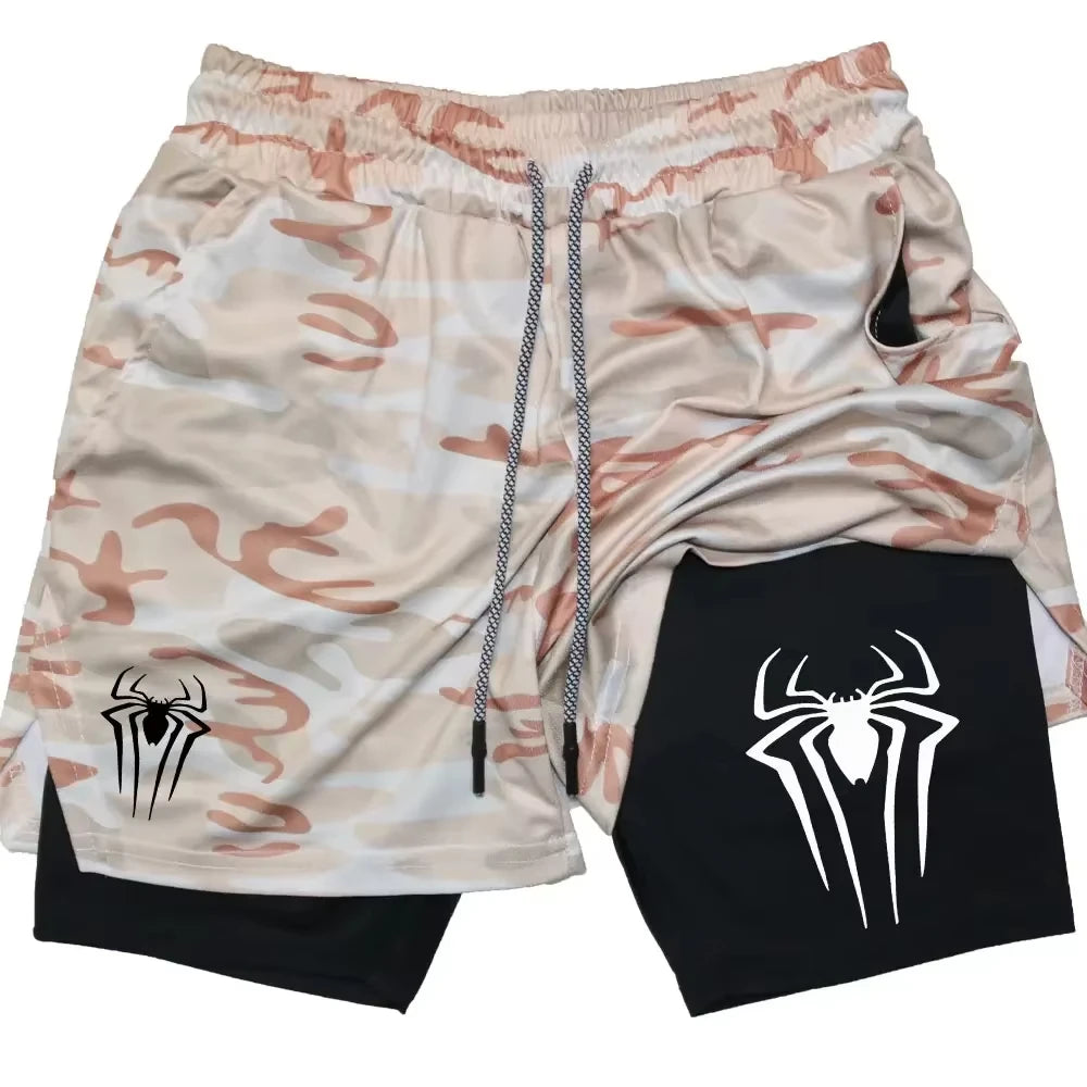 Y2K Performance Shorts Men Spider Printed GYM Casual Sports Compression Shorts Workout Running Mesh 2 In 1 Sport Short Pants - Smarsty
