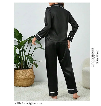 Plus Size Autumn and Winter Silk Pajamas Women Tops and Pants Solid Casual Soft Nightwear Buttons Cardigan Sleepwear Homewear - Smarsty