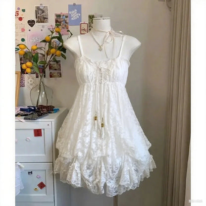 2000s Gothic Vintage Mini Dress Women Sleeveless Strap Party Dress Evening Lace Retro Cltohing Japanese Y2k Black Chic Lolita - Smarsty