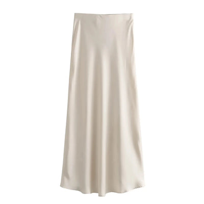 TRAFZA 2024 Y2K Casual Women Long Skirt Spring Elastic High Waisted A-Line Casual Female Satin Skirts High Street Lady Skirts - Smarsty