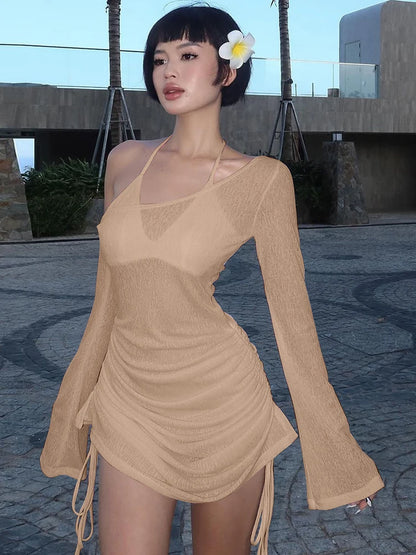 Dulzura Solid Skew Collar Ruched Straps Lace-Up See Through Draw String Mini Dress 2023 Summer  Women Party Clubwear Wholesale - Smarsty