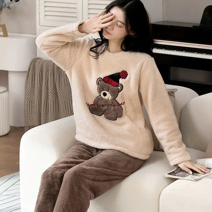 2pcs/Set Large Size Padded Thickened Warm Fall And Winter Women's Pajamas Long-Sleeved Long Pants Set Coral Velvet Cartoon Bear - Smarsty