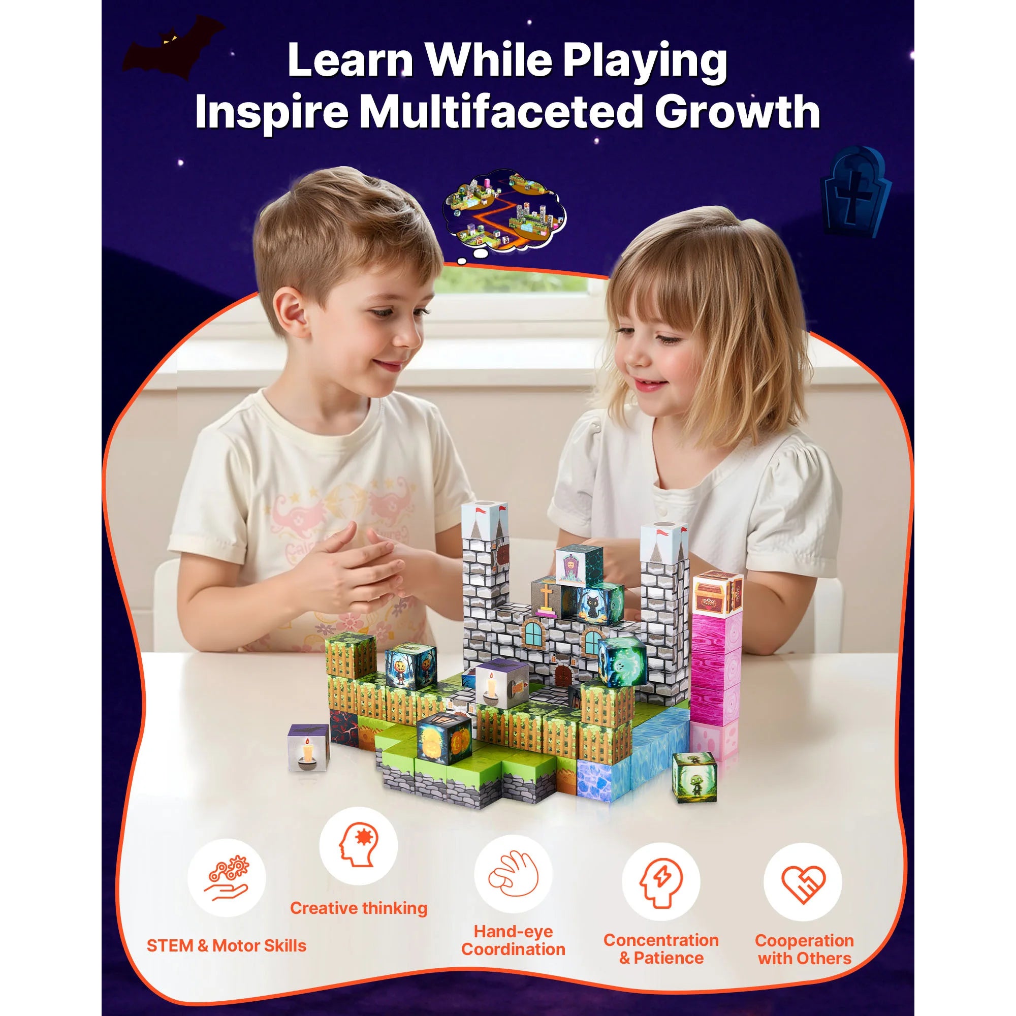 SucceBuy 100PCS Magnetic Blocks Cemetery Zombies Set Magnetic Building Cubes Construction Stacking Toys for Kids Birthday Gift