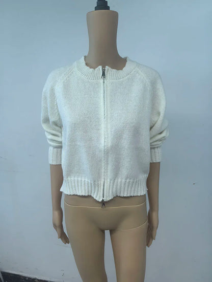 Autumn Winter Short Knitting Cardigan Women Solid Color Long Sleeve Round Neck Sweater Jacket 2025 Casual Zipper Sweater Coats - Smarsty