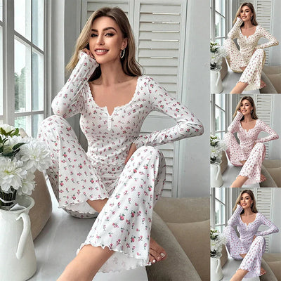 Sleepwear Women Floral Print Lettuce Trim Top with Long Pant Lovely Loungewear Full Sleeve Nightwear Spring Autumn Pajamas Set - Smarsty