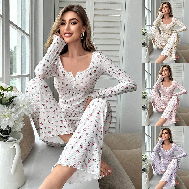 Sleepwear Women Floral Print Lettuce Trim Top with Long Pant Lovely Loungewear Full Sleeve Nightwear Spring Autumn Pajamas Set - Smarsty