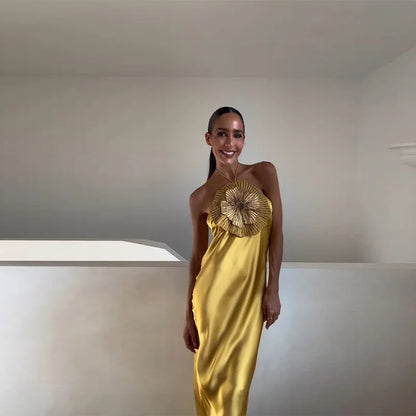 Elegant Party Women's Dress 3D Flower Halter Sleeveless Backless Mermaid Satin Female Dresses 2025 Summer Chic Evening Lady Robe