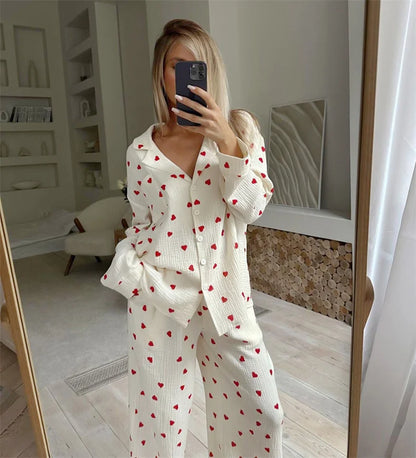 Summer New Love Heart Print Pyjama 100% Cotton Long Sleeve Set 2Pcs Outfit Lapel Sleepwear Button Down Women's Pajamas Nightwear - Smarsty