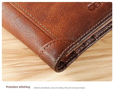 Men Wallet Genuine Leather Rfid Blocking Trifold Wallet Vintage Thin Short Multi Function ID Credit Card Holder Male Purse Money - Smarsty