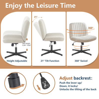 Cross Legged Office Living Room Rocking Gaming Chair Armless Wide Desk Adjustable Swivel Fabric Task Vanity Home Office