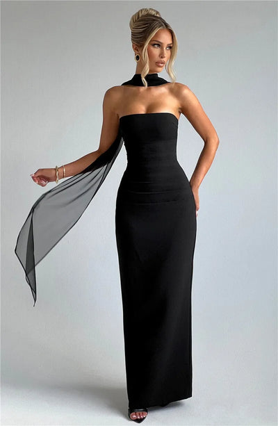 Mozision Scarf Collar Strapless Sexy Maxi Dress For Women Fashion Off-shoulder Backless Bodycon Club Party Long Dress Elegant - Smarsty