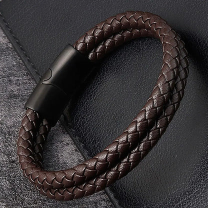 Mens Braided Leather Bracelet Double Band Bangle - Smarsty