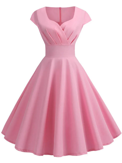 Pink Summer Dress Women V Neck Vintage Robe Elegant Retro pin up Party Office Midi Dresses - Smarsty