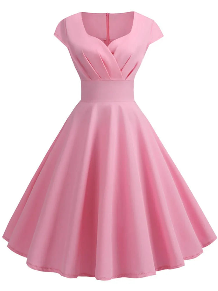 Pink Summer Dress Women V Neck Vintage Robe Elegant Retro pin up Party Office Midi Dresses - Smarsty