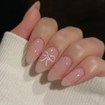 24Pcs French Fake Nails with Pink Bow Design - Smarsty
