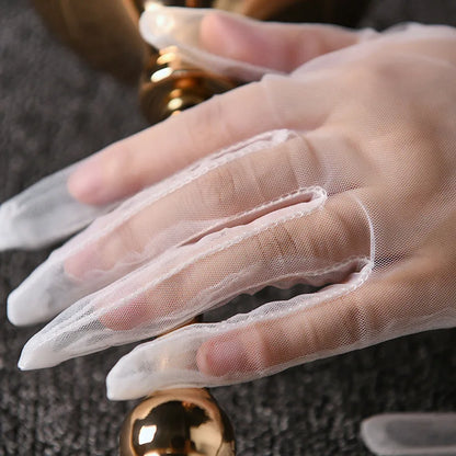 Women Lace Tulle Gloves Stretchy Full Finger Wedding Gloves - Smarsty
