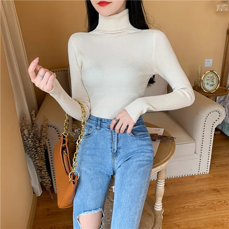 2025 Autumn Winter Women Long Sleeve Knitted Foldover Turtleneck Ribbed Pull Sweater Soft Warm Femme Jumper Pullover Clothes - Smarsty