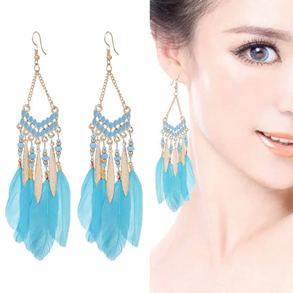 Bohemian Feather Dangle Earrings with Colorful Tassels - Smarsty