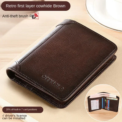 Men Wallet Genuine Leather Rfid Blocking Trifold Wallet Vintage Thin Short Multi Function ID Credit Card Holder Male Purse Money - Smarsty